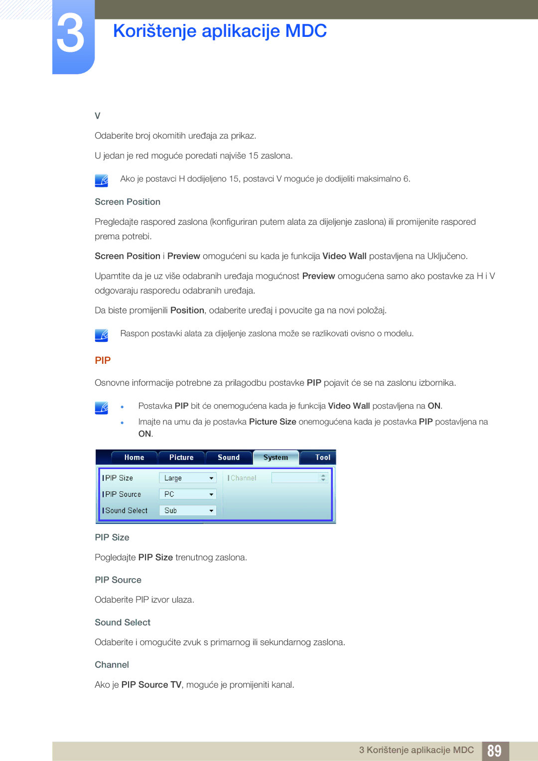 Samsung LH40MEBPLGC/EN, LH55UEAPLGC/EN, LH46UEPLGC/EN, LH55MEBPLGC/EN Screen Position, PIP Size, PIP Source, Sound Select 