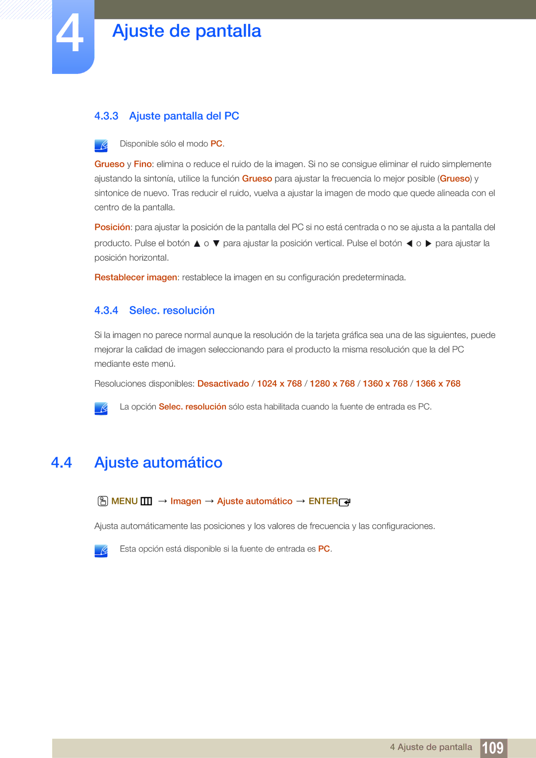Samsung LH46UEPLGC/EN, LH55UEAPLGC/EN Ajuste pantalla del PC, Selec. resolución, Menu m Imagen Ajuste automático Enter 