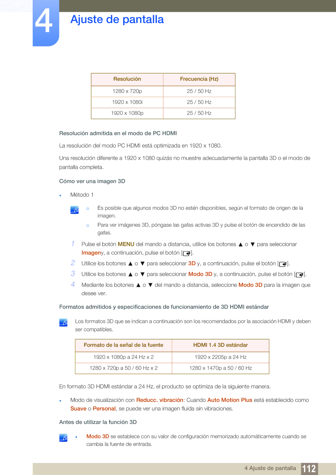 Samsung LH46UEAPLGC/EN manual Resolución Frecuencia Hz, Resolución admitida en el modo de PC Hdmi, Cómo ver una imagen 3D 