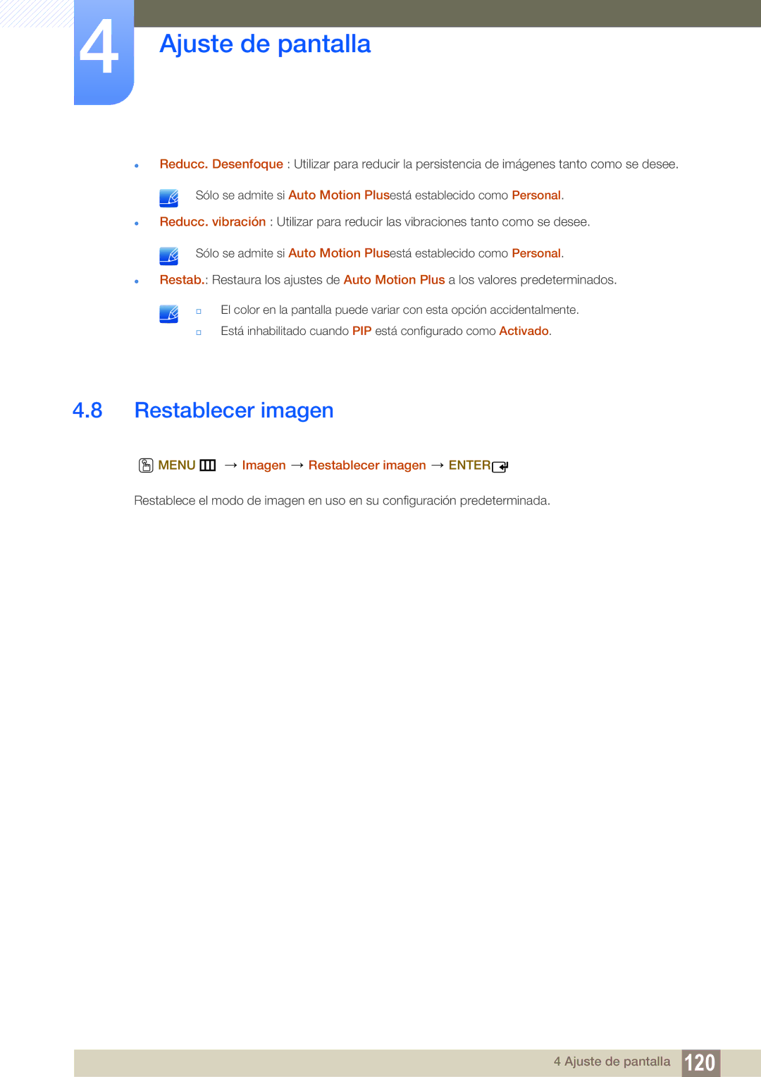 Samsung LH55UEPLGC/EN, LH55UEAPLGC/EN, LH46UEPLGC/EN, LH55MEBPLGC/EN manual Menu m Imagen Restablecer imagen Enter 