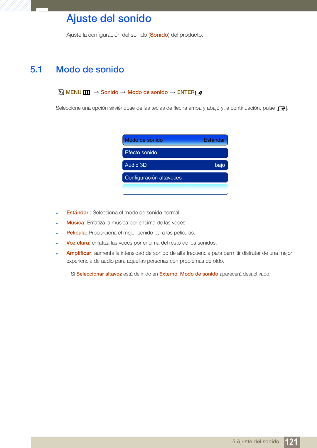 Samsung LH46UEAPLGC/EN, LH55UEAPLGC/EN, LH46UEPLGC/EN manual Ajuste del sonido, Menu m Sonido Modo de sonido Enter 