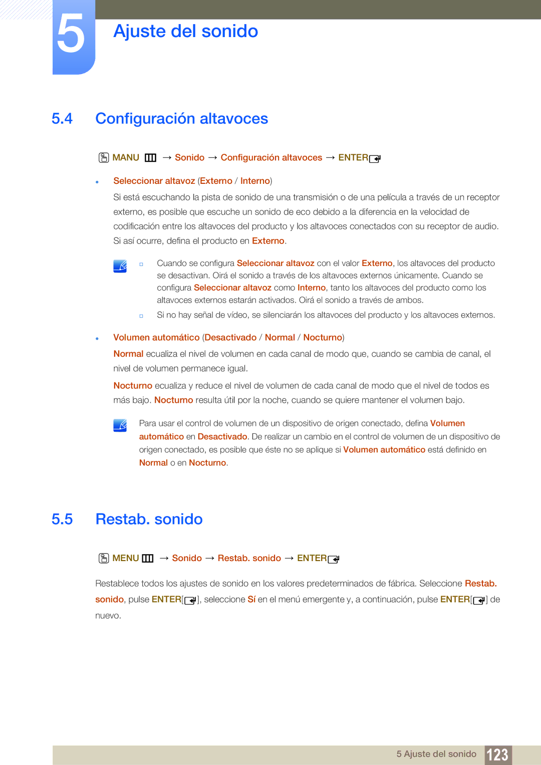 Samsung LH40MEBPLGC/EN manual Configuración altavoces, Restab. sonido, Volumen automático Desactivado / Normal / Nocturno 