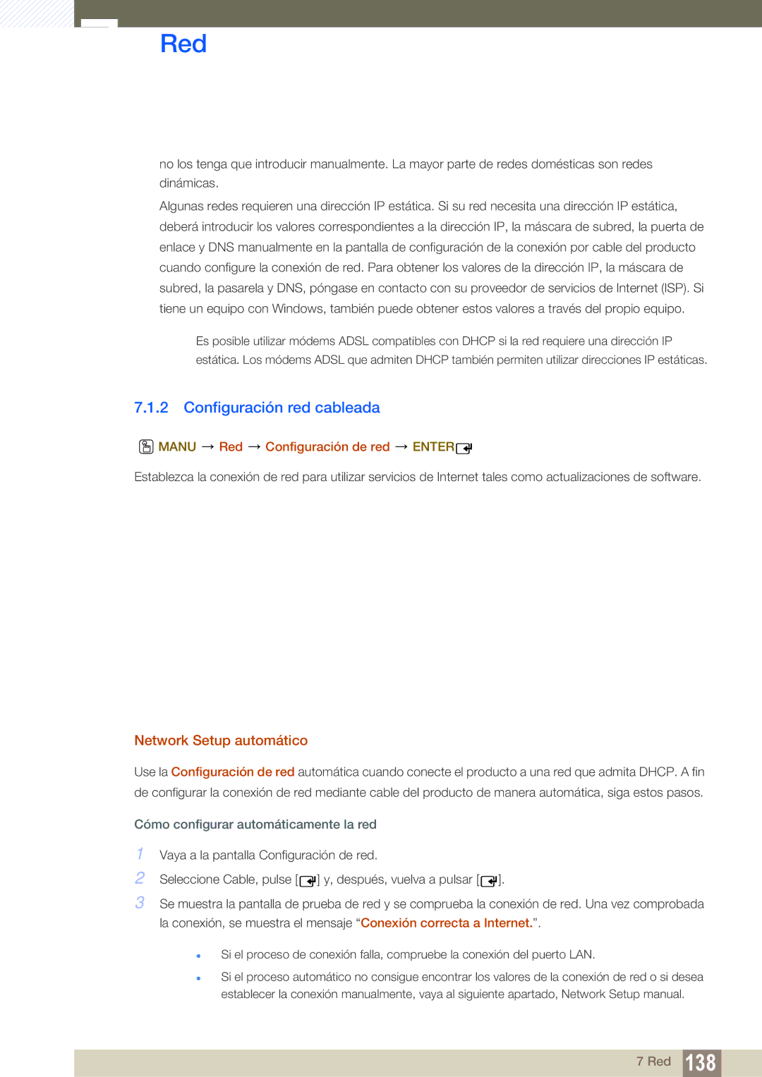 Samsung LH55UEPLGC/EN manual Configuración red cableada, Network Setup automático, Manu Red Configuración de red Enter 