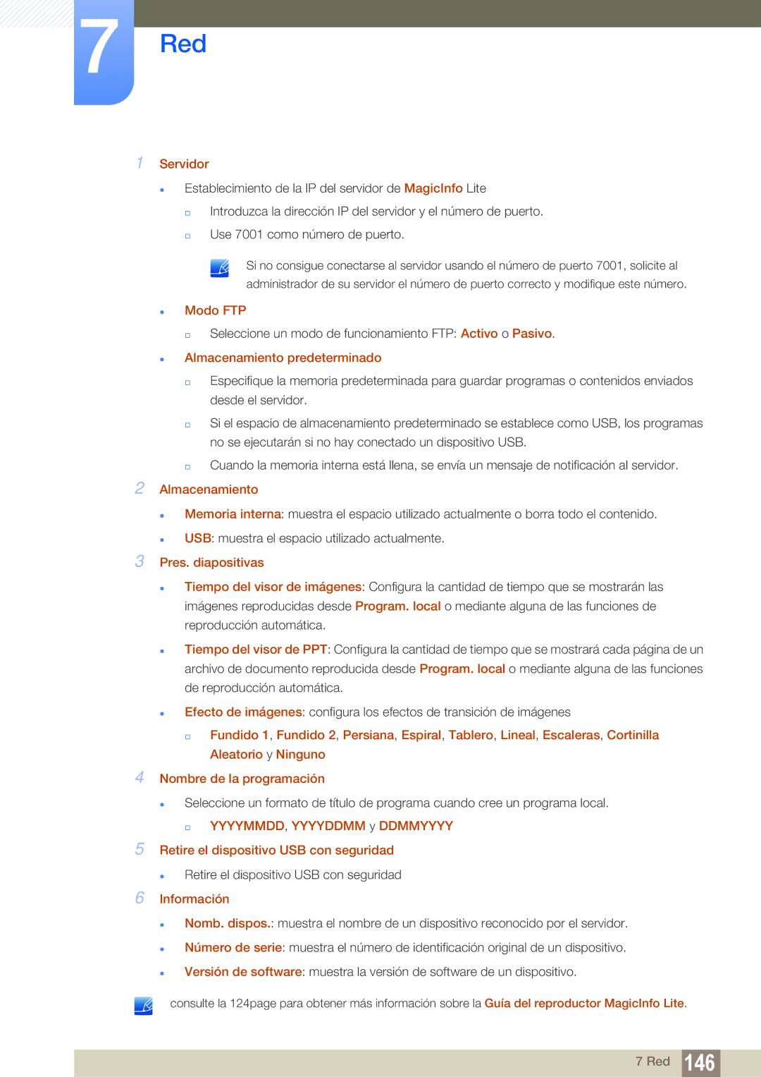 Samsung LH55MEBPLGC/EN, LH55UEAPLGC/EN Servidor, Modo FTP, Almacenamiento predeterminado, Pres. diapositivas, Información 