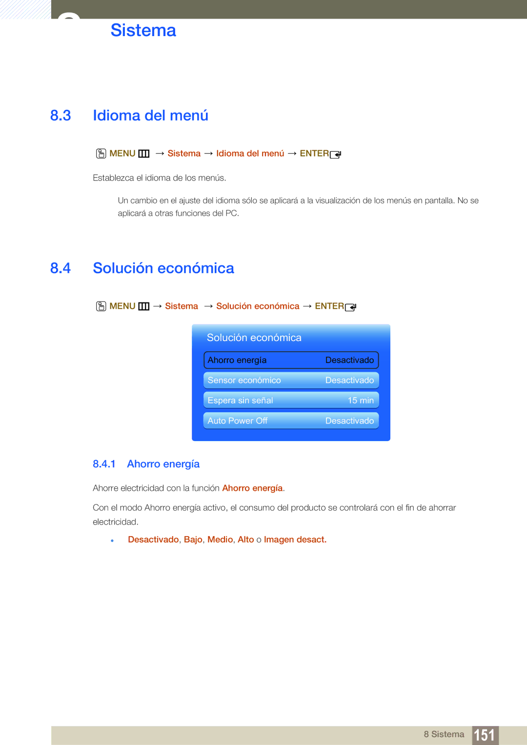 Samsung LH32MEBPLGC/EN, LH55UEAPLGC/EN, LH46UEPLGC/EN, LH55MEBPLGC/EN Idioma del menú, Solución económica, Ahorro energía 