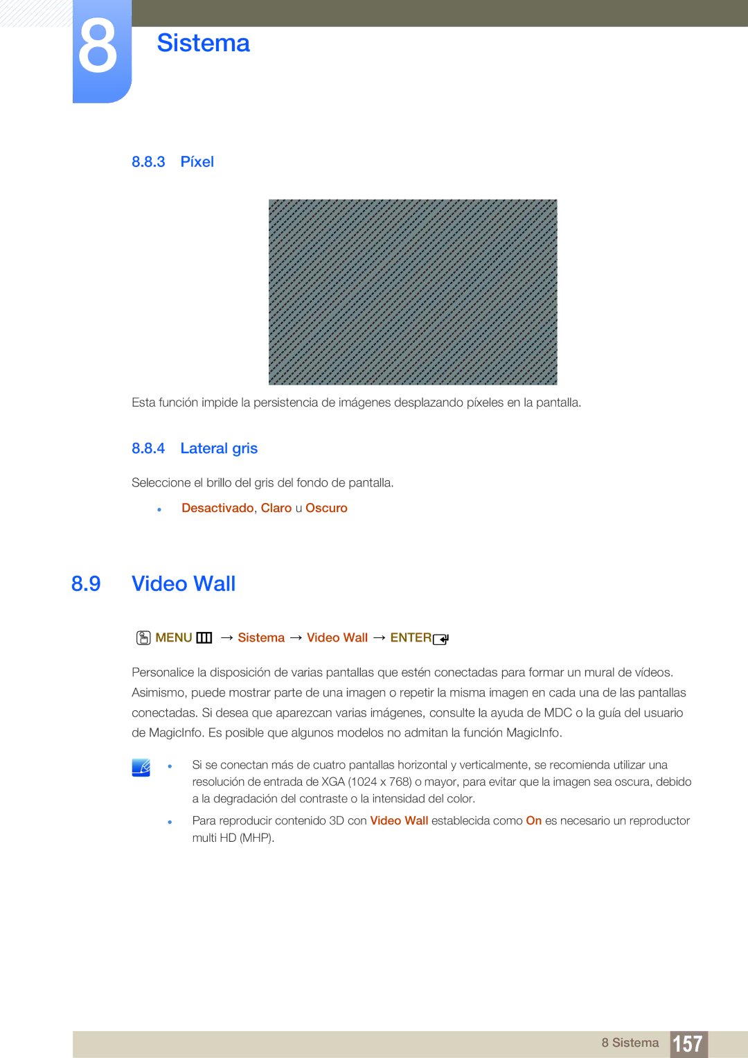 Samsung LH46UEAPLGC/EN manual 3 Píxel, Lateral gris, Desactivado, Claro u Oscuro, Menu m Sistema Video Wall Enter 