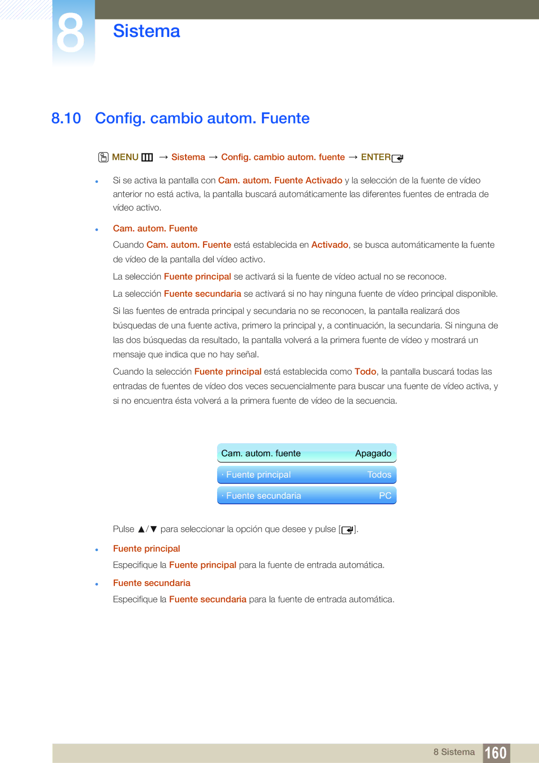 Samsung LH32MEBPLGC/EN Config. cambio autom. Fuente, Menu m Sistema Config. cambio autom. fuente Enter, Cam. autom. Fuente 