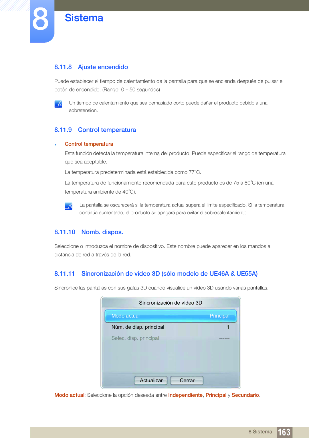 Samsung LH46UEPLGC/EN, LH55UEAPLGC/EN, LH55MEBPLGC/EN, LH55UEPLGC/EN Ajuste encendido, Control temperatura, Nomb. dispos 