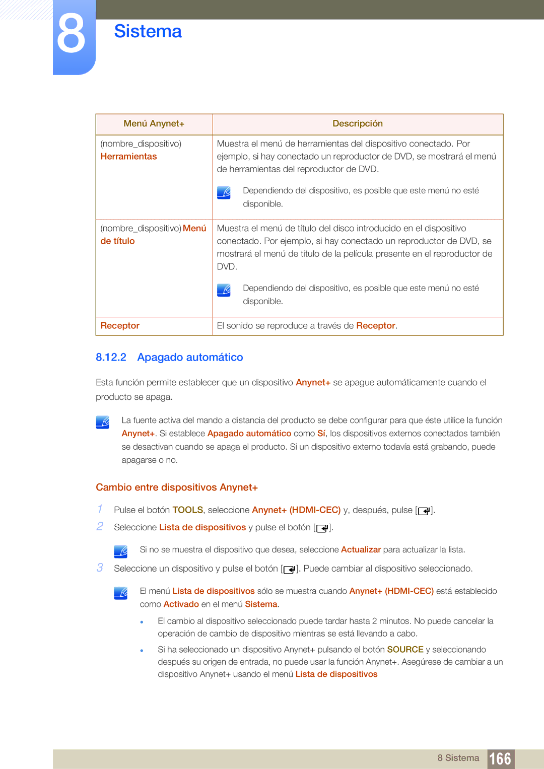 Samsung LH46UEAPLGC/EN manual Apagado automático, Cambio entre dispositivos Anynet+, Herramientas, De título, Receptor 