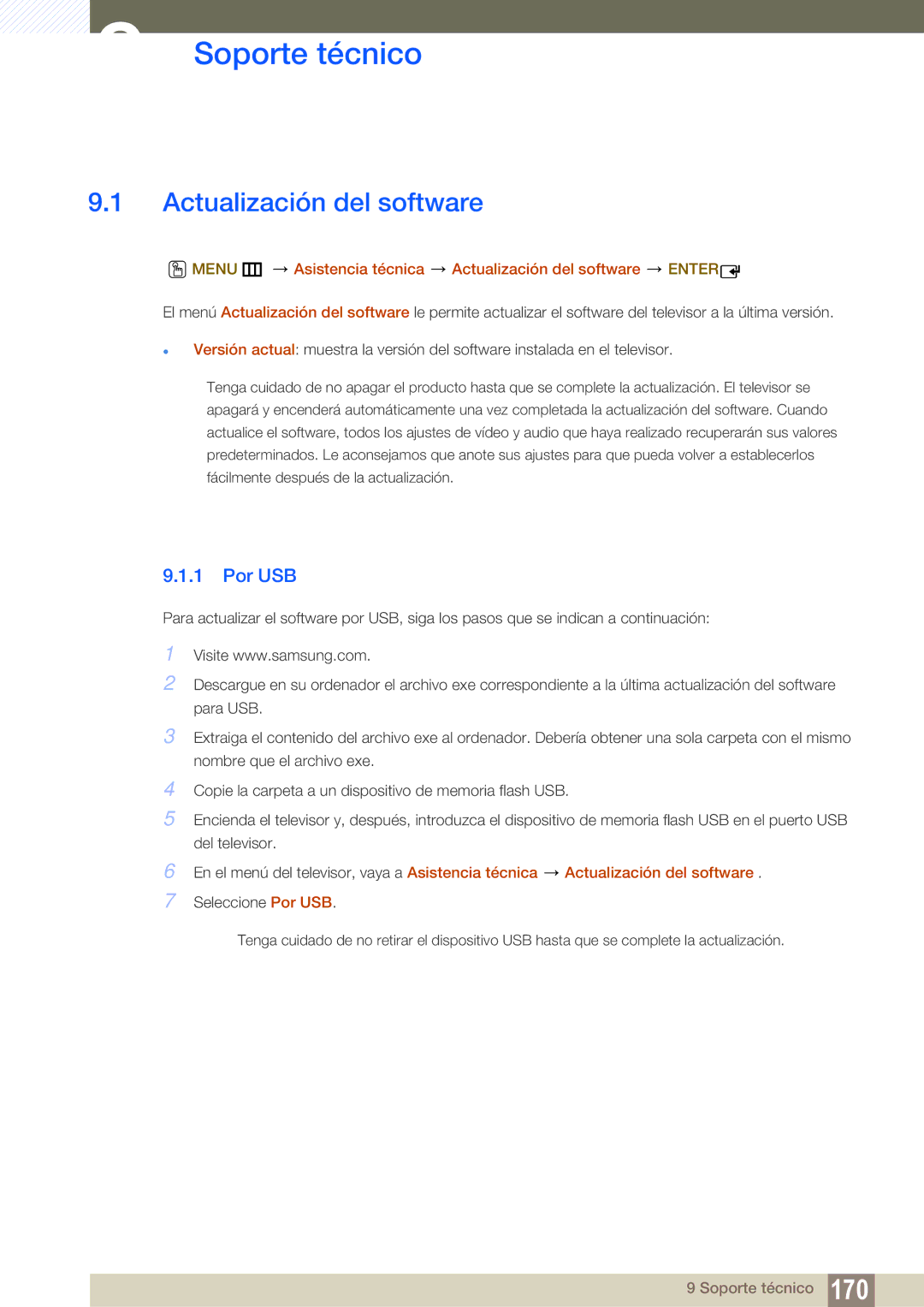 Samsung LH46UEPLGC/ZA, LH55UEAPLGC/EN, LH46UEPLGC/EN, LH55MEBPLGC/EN Soporte técnico, Actualización del software, Por USB 