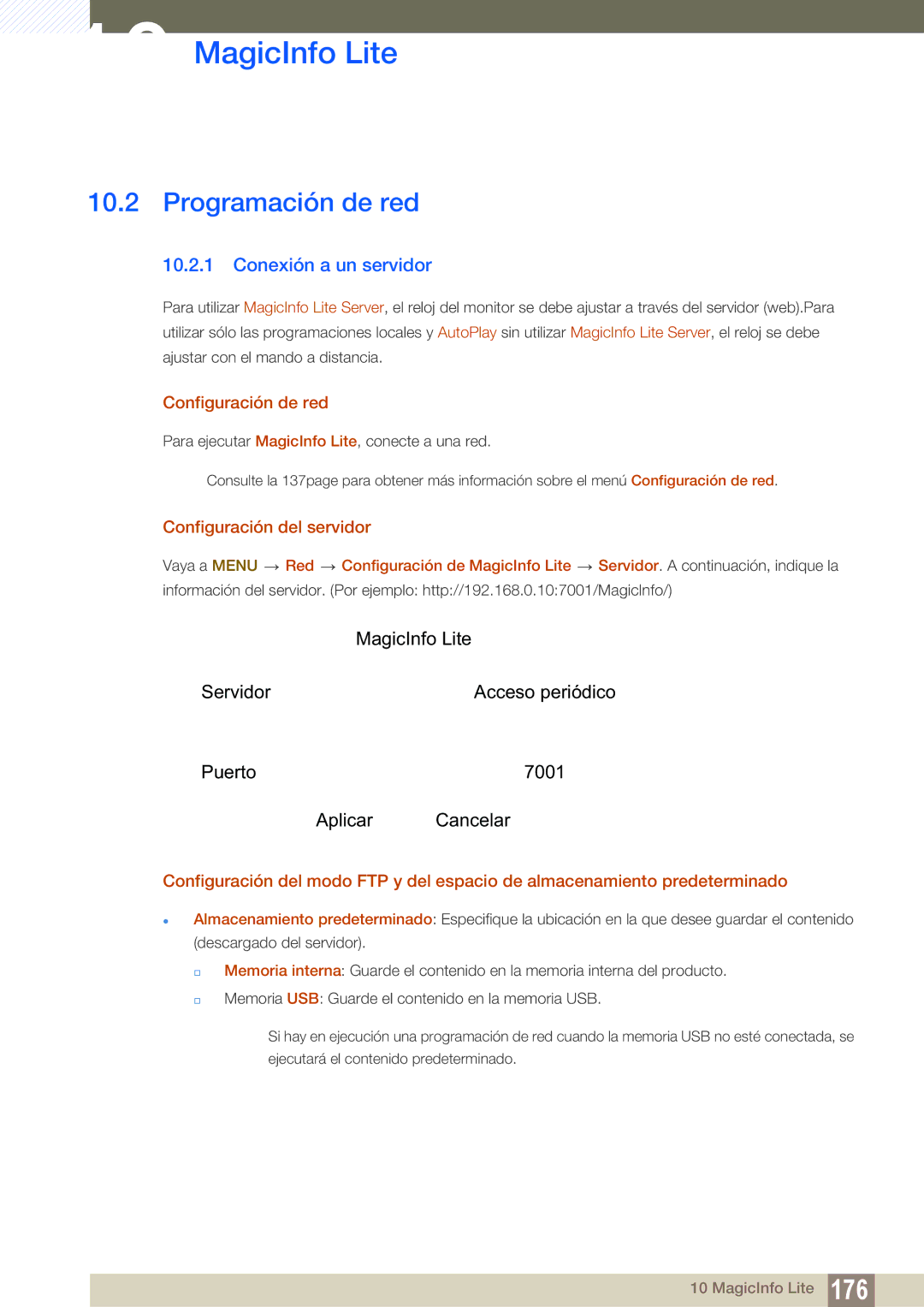 Samsung LH46MEBPLGC/EN manual Programación de red, Conexión a un servidor, Configuración de red, Configuración del servidor 