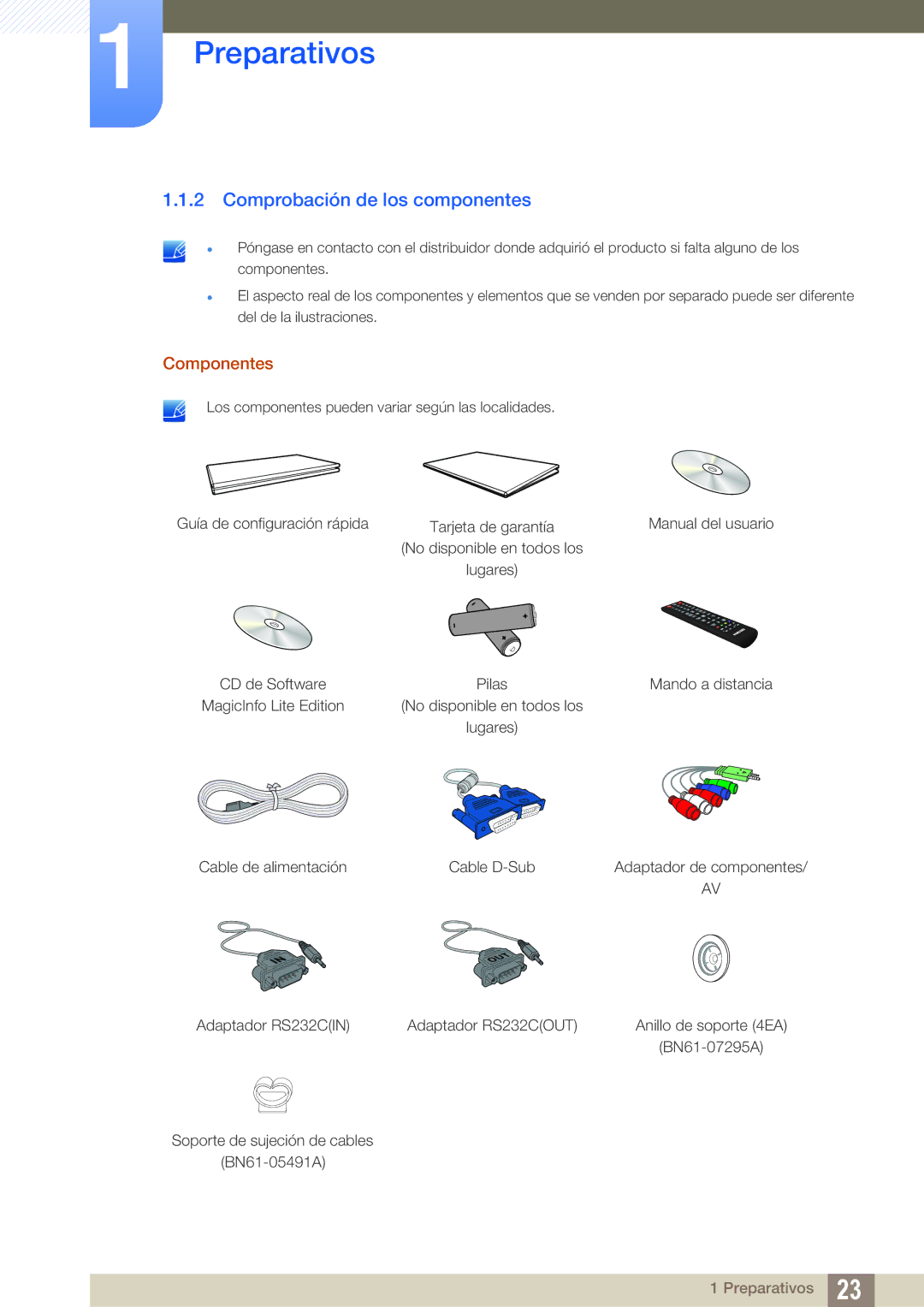 Samsung LH46MEBPLGC/EN, LH55UEAPLGC/EN, LH46UEPLGC/EN, LH55MEBPLGC/EN manual Comprobación de los componentes, Componentes 