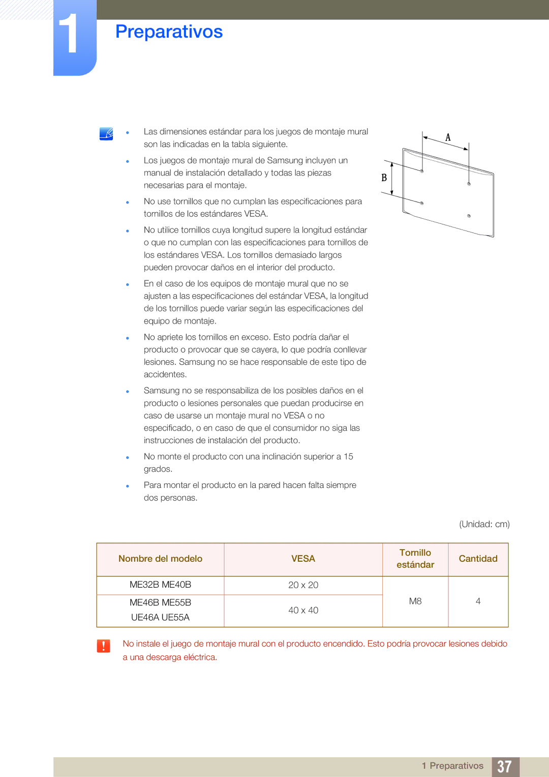 Samsung LH46UEPLGC/EN, LH55UEAPLGC/EN, LH55MEBPLGC/EN, LH55UEPLGC/EN manual Nombre del modelo, Tornillo Cantidad Estándar 