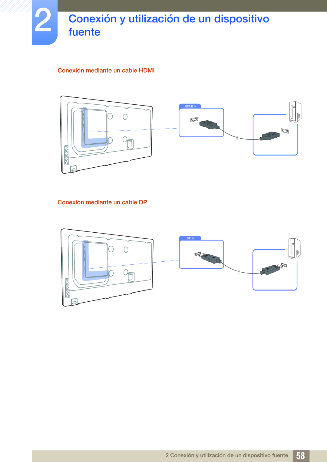 Samsung LH46UEAPLGC/EN, LH55UEAPLGC/EN, LH46UEPLGC/EN manual Conexión mediante un cable Hdmi, Conexión mediante un cable DP 