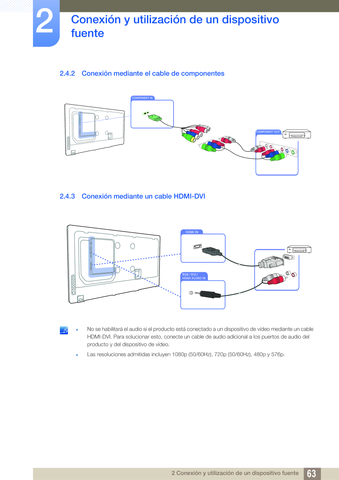 Samsung LH55UEAPLGC/EN, LH46UEPLGC/EN manual Conexión mediante el cable de componentes, Conexión mediante un cable HDMI-DVI 