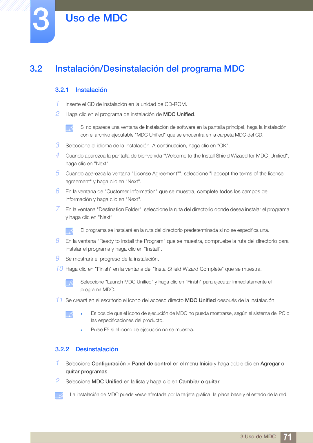 Samsung LH46UEPLGC/ZA, LH55UEAPLGC/EN, LH46UEPLGC/EN, LH55MEBPLGC/EN manual Instalación/Desinstalación del programa MDC 