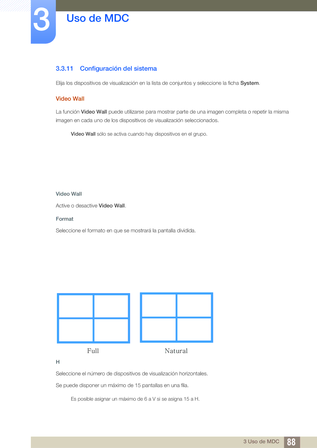 Samsung LH32MEBPLGC/EN, LH55UEAPLGC/EN, LH46UEPLGC/EN, LH55MEBPLGC/EN manual Configuración del sistema, Video Wall, Format 