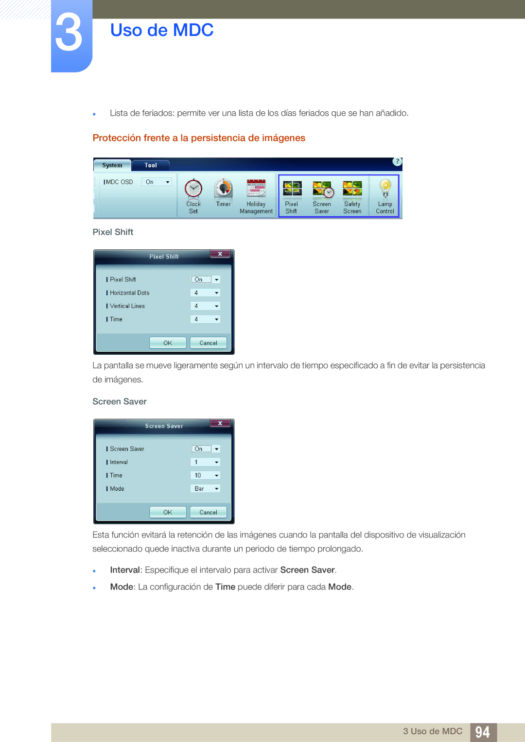 Samsung LH46UEAPLGC/EN, LH55UEAPLGC/EN manual Protección frente a la persistencia de imágenes, Pixel Shift, Screen Saver 