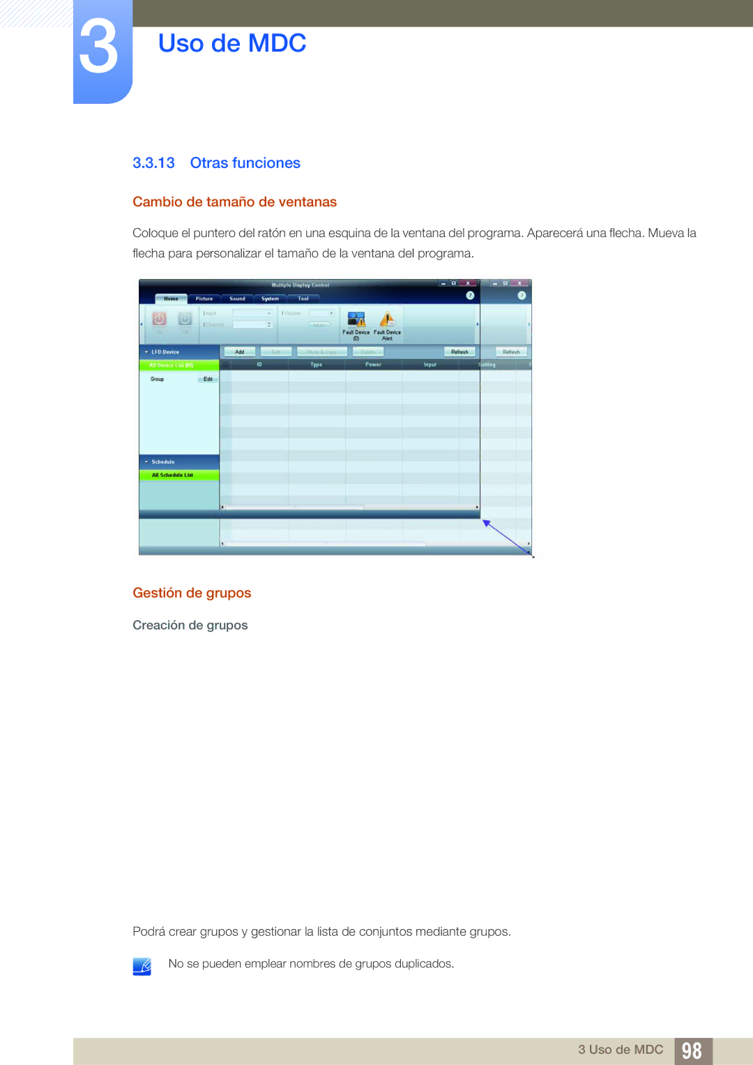 Samsung LH46UEPLGC/ZA, LH55UEAPLGC/EN Otras funciones, Cambio de tamaño de ventanas, Gestión de grupos, Creación de grupos 