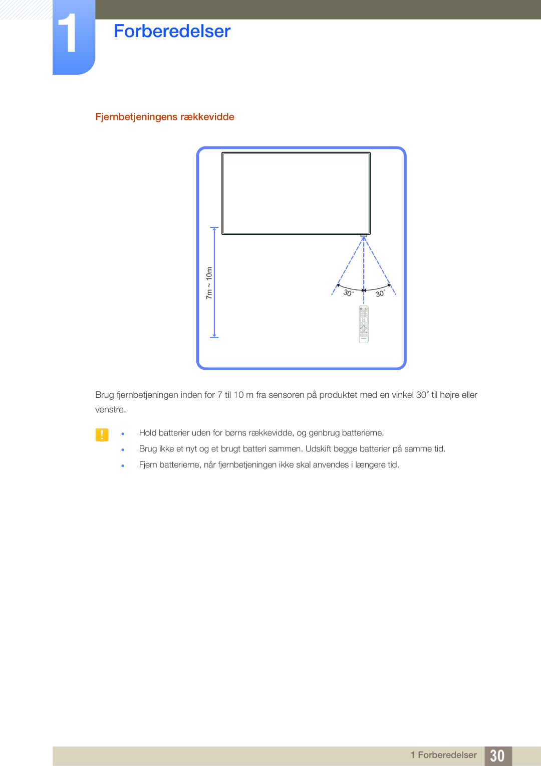 Samsung LH40MEBPLGC/EN, LH55UEAPLGC/EN, LH46UEPLGC/EN, LH55MEBPLGC/EN, LH55UEPLGC/EN manual Fjernbetjeningens rækkevidde 