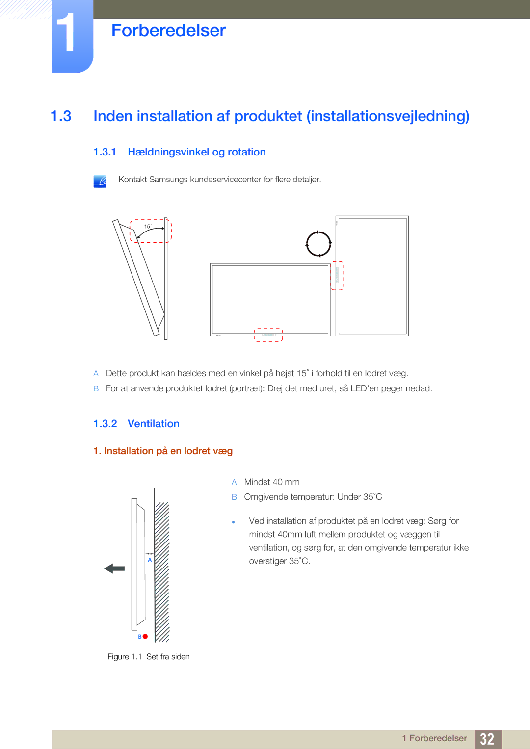 Samsung LH55UEAPLGC/EN Inden installation af produktet installationsvejledning, 1 Hældningsvinkel og rotation, Ventilation 