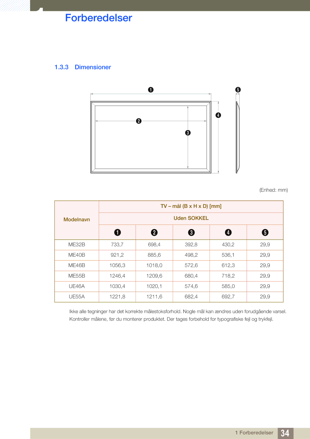 Samsung LH55MEBPLGC/EN, LH55UEAPLGC/EN, LH46UEPLGC/EN, LH55UEPLGC/EN Dimensioner, TV mål B x H x D mm Modelnavn Uden Sokkel 