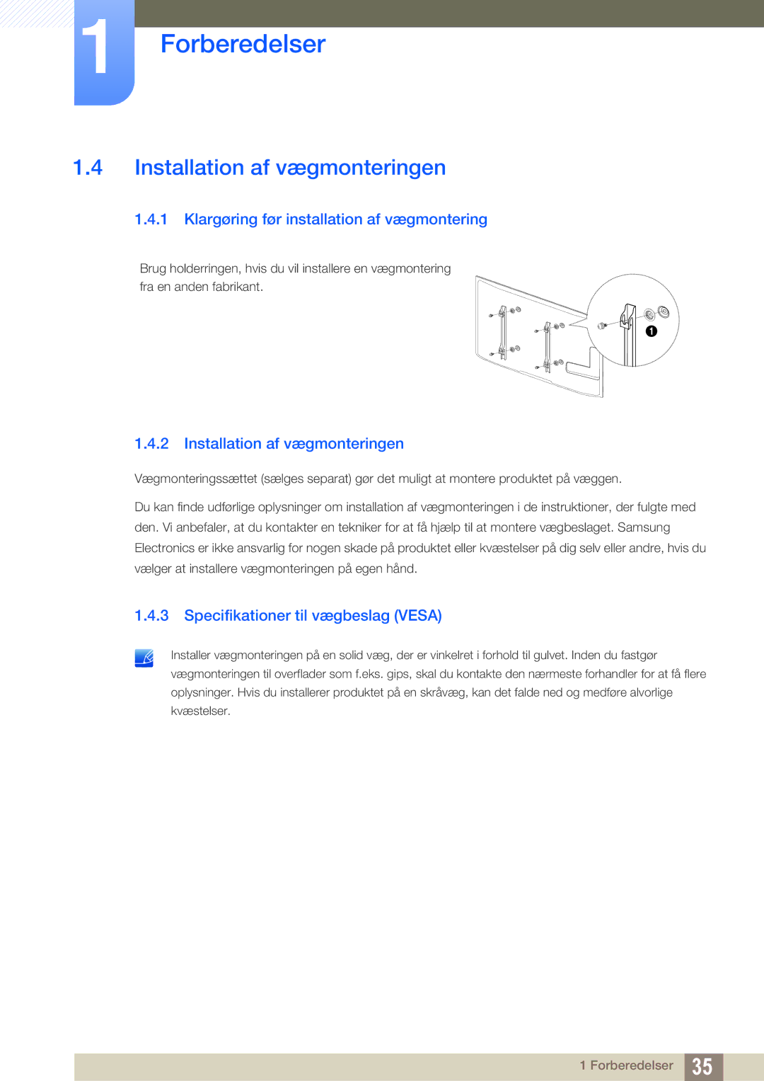 Samsung LH55UEPLGC/EN, LH55UEAPLGC/EN manual Installation af vægmonteringen, Klargøring før installation af vægmontering 