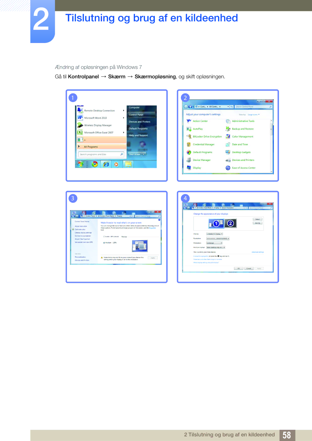 Samsung LH55MEBPLGC/EN, LH55UEAPLGC/EN, LH46UEPLGC/EN, LH55UEPLGC/EN, LH46UEAPLGC/EN manual Ændring af opløsningen på Windows 