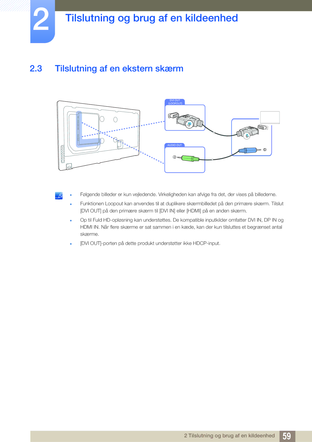 Samsung LH55UEPLGC/EN, LH55UEAPLGC/EN, LH46UEPLGC/EN, LH55MEBPLGC/EN, LH46UEAPLGC/EN manual Tilslutning af en ekstern skærm 