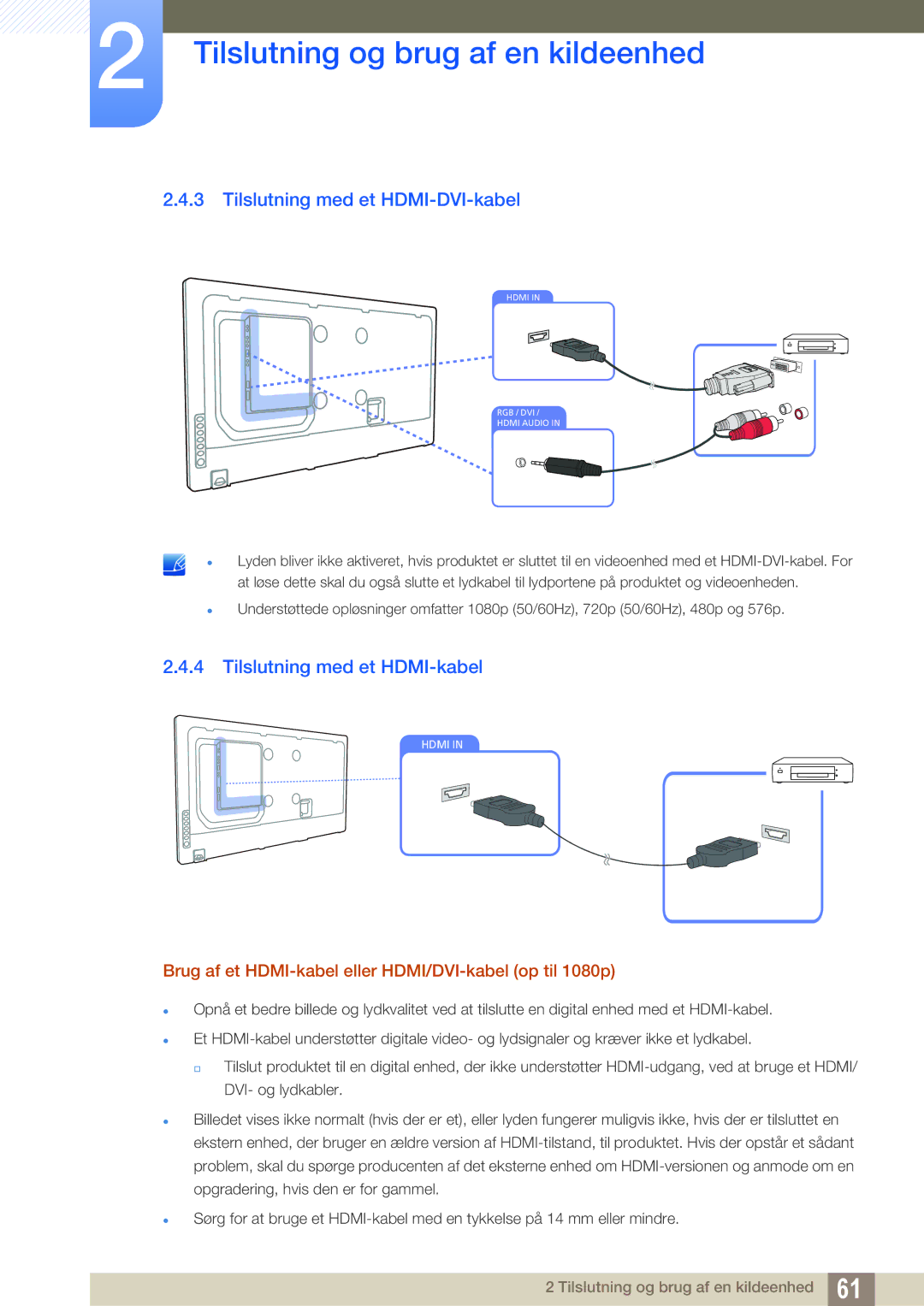 Samsung LH46MEBPLGC/EN, LH55UEAPLGC/EN, LH46UEPLGC/EN manual Tilslutning med et HDMI-DVI-kabel, Tilslutning med et HDMI-kabel 