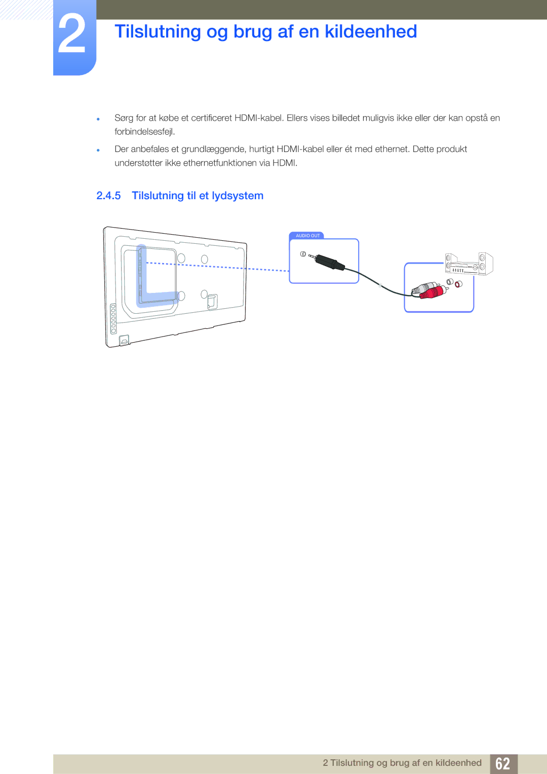 Samsung LH40MEBPLGC/EN, LH55UEAPLGC/EN, LH46UEPLGC/EN, LH55MEBPLGC/EN, LH55UEPLGC/EN manual Tilslutning til et lydsystem 