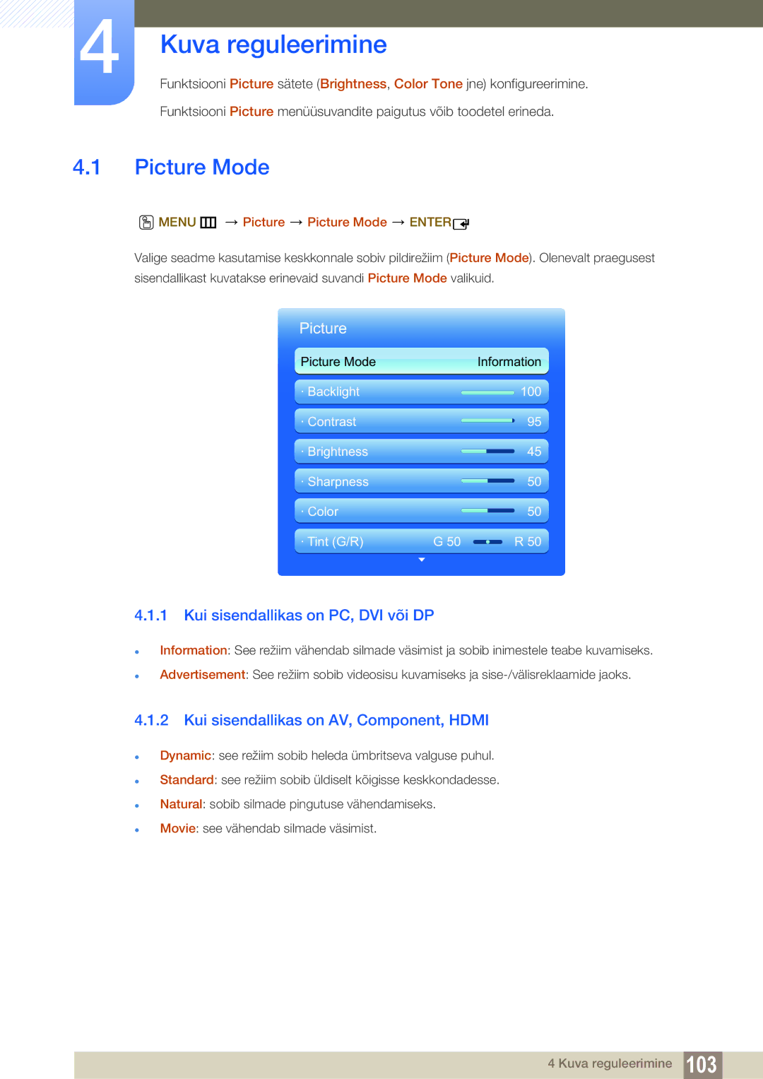 Samsung LH55MEBPLGC/EN, LH55UEAPLGC/EN, LH55UEPLGC/EN Kuva reguleerimine, Picture Mode, Kui sisendallikas on PC, DVI või DP 