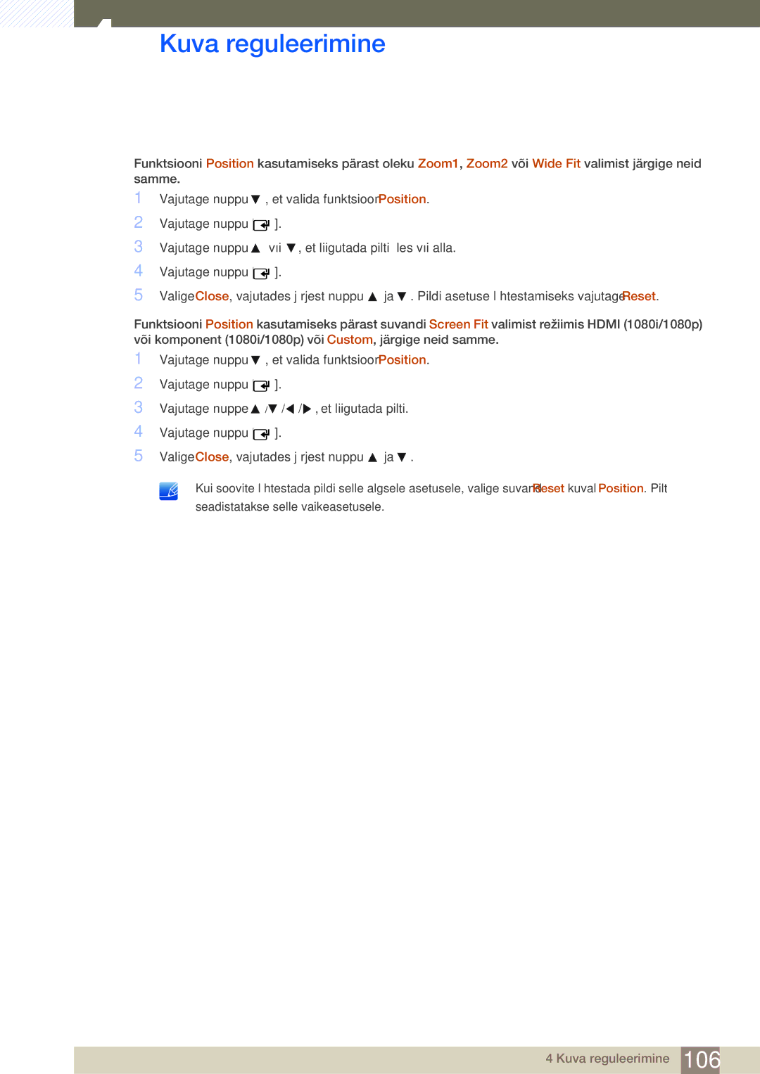 Samsung LH40MEBPLGC/EN, LH55UEAPLGC/EN, LH55MEBPLGC/EN, LH55UEPLGC/EN, LH46MEBPLGC/EN, LH32MEBPLGC/EN manual Kuva reguleerimine 