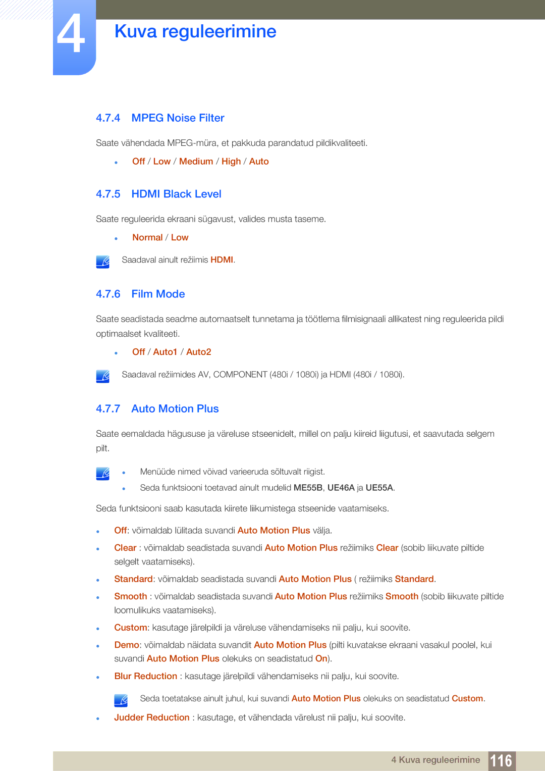 Samsung LH55UEPLGC/EN, LH55UEAPLGC/EN, LH55MEBPLGC/EN manual Mpeg Noise Filter, Hdmi Black Level, Film Mode, Auto Motion Plus 
