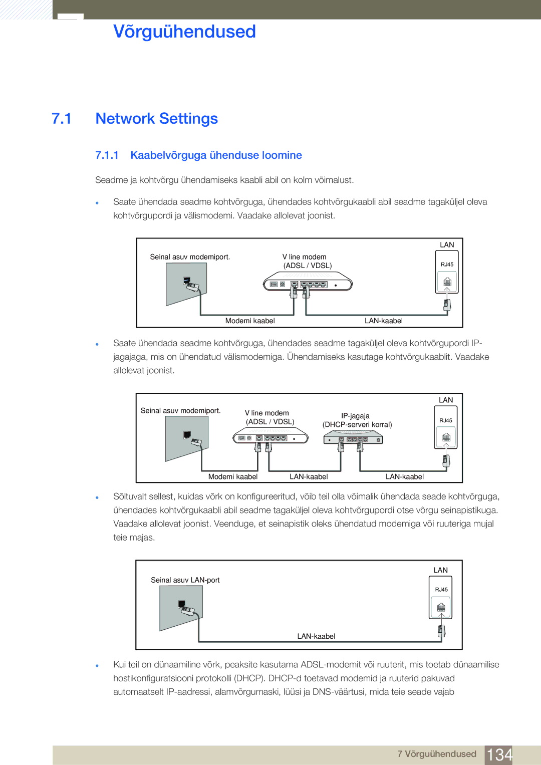 Samsung LH55UEPLGC/EN, LH55UEAPLGC/EN, LH55MEBPLGC/EN manual Võrguühendused, Network Settings, Kaabelvõrguga ühenduse loomine 