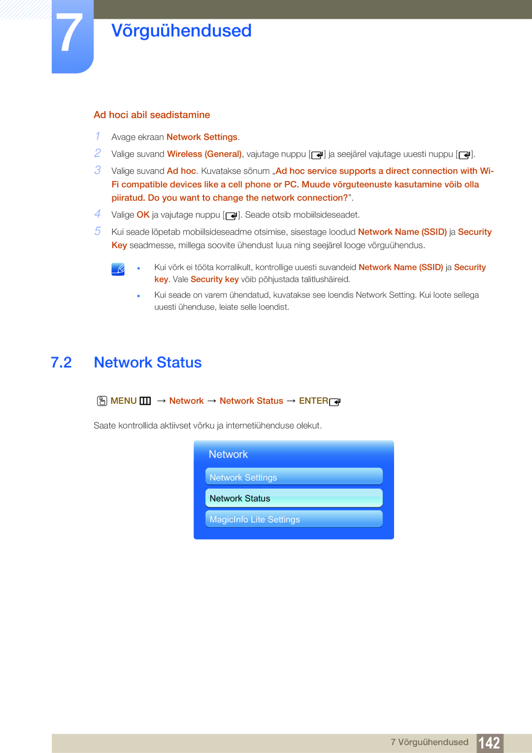 Samsung LH40MEBPLGC/EN, LH55UEAPLGC/EN, LH55MEBPLGC/EN Ad hoci abil seadistamine, Menu m Network Network Status Enter 