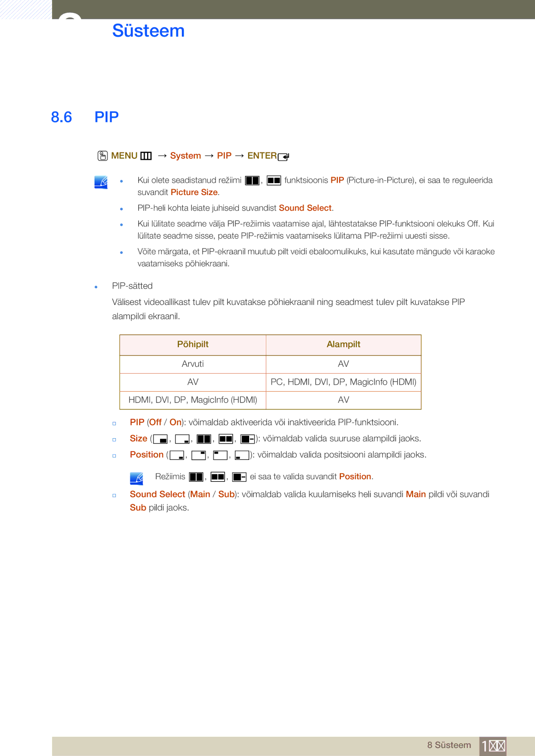 Samsung LH55UEAPLGC/EN, LH55MEBPLGC/EN, LH55UEPLGC/EN manual Pip, Menu m System PIP Enter, Põhipilt Alampilt, Size, Position 