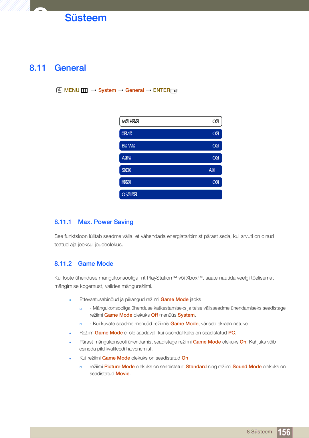 Samsung LH55UEAPLGC/EN, LH55MEBPLGC/EN, LH55UEPLGC/EN 11.1 Max. Power Saving, Game Mode, Menu m System General Enter 