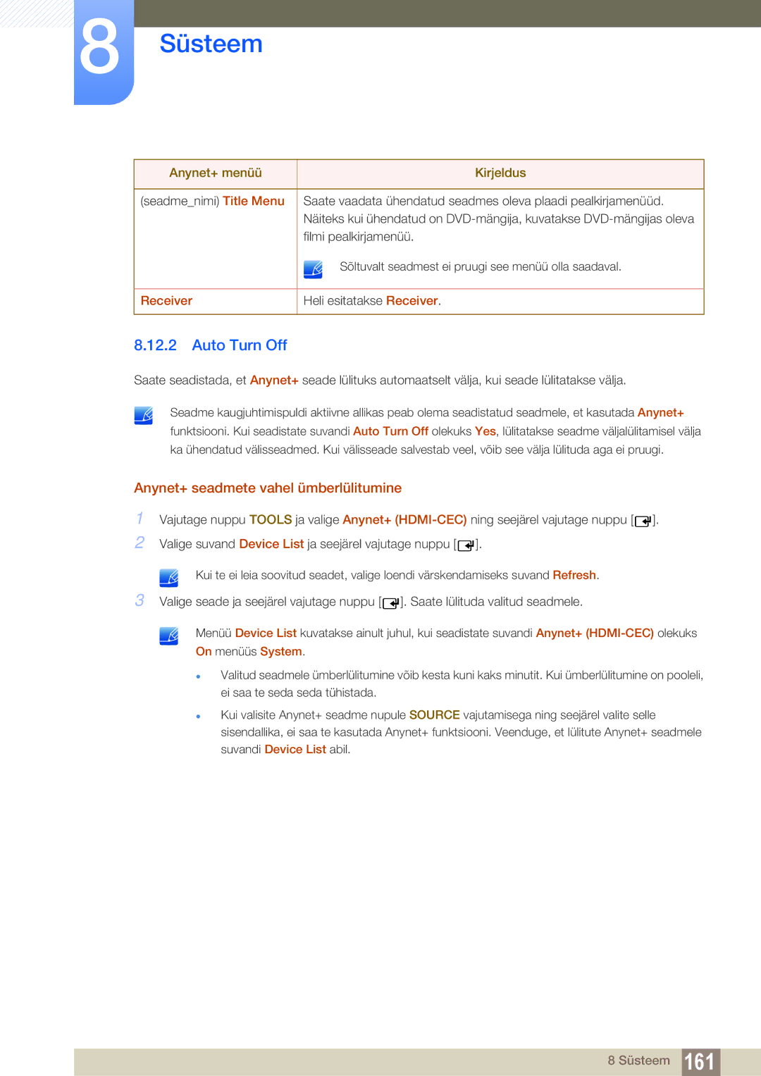 Samsung LH32MEBPLGC/EN manual Auto Turn Off, Anynet+ seadmete vahel ümberlülitumine, Filmi pealkirjamenüü, Receiver 