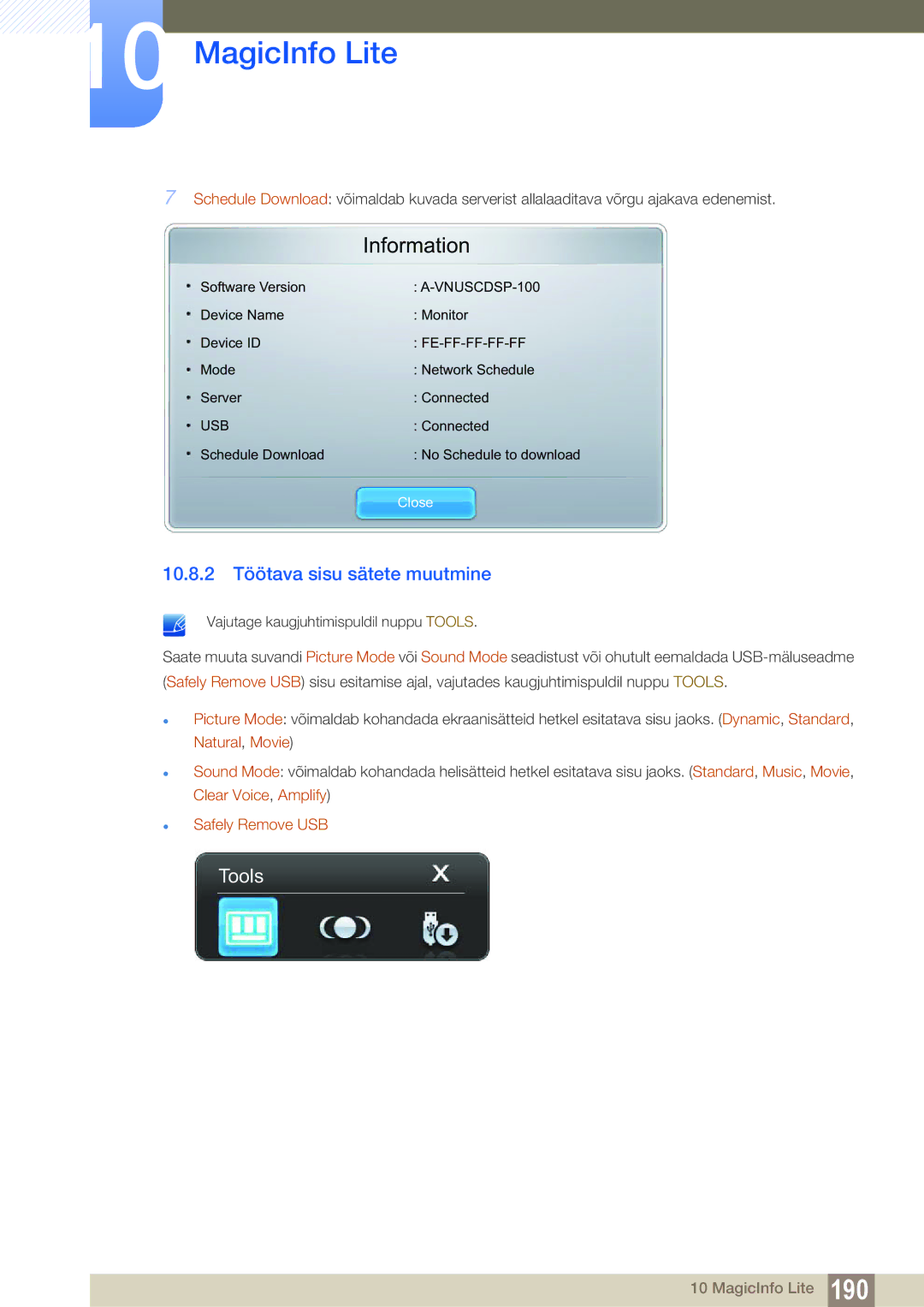 Samsung LH40MEBPLGC/EN, LH55UEAPLGC/EN manual 10.8.2 Töötava sisu sätete muutmine, Vajutage kaugjuhtimispuldil nuppu Tools 