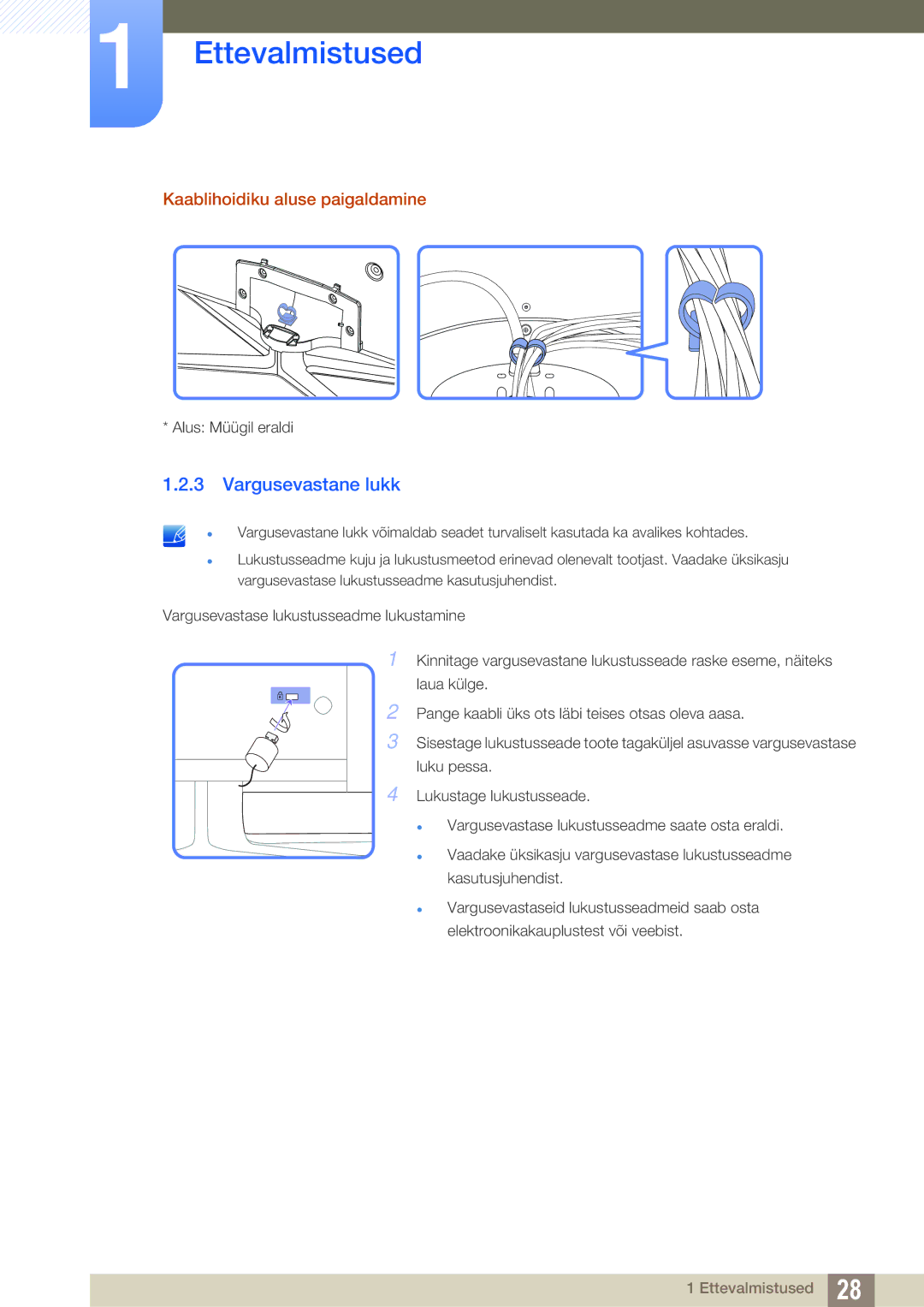 Samsung LH40MEBPLGC/EN, LH55UEAPLGC/EN manual Vargusevastane lukk, Kaablihoidiku aluse paigaldamine, Alus Müügil eraldi 