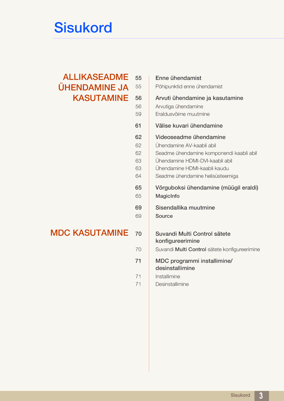 Samsung LH46MEBPLGC/EN, LH55UEAPLGC/EN, LH55MEBPLGC/EN manual Allikaseadme 55 Ühendamine JA 55 Kasutamine MDC Kasutamine 