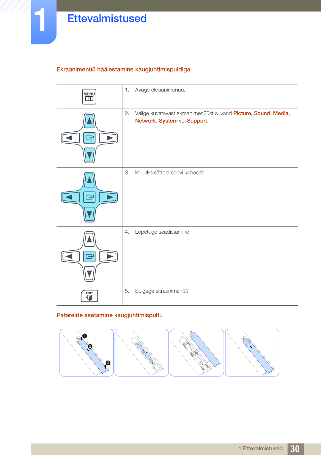 Samsung LH55UEAPLGC/EN, LH55UEPLGC/EN Ekraanimenüü häälestamine kaugjuhtimispuldiga, Patareide asetamine kaugjuhtimispulti 