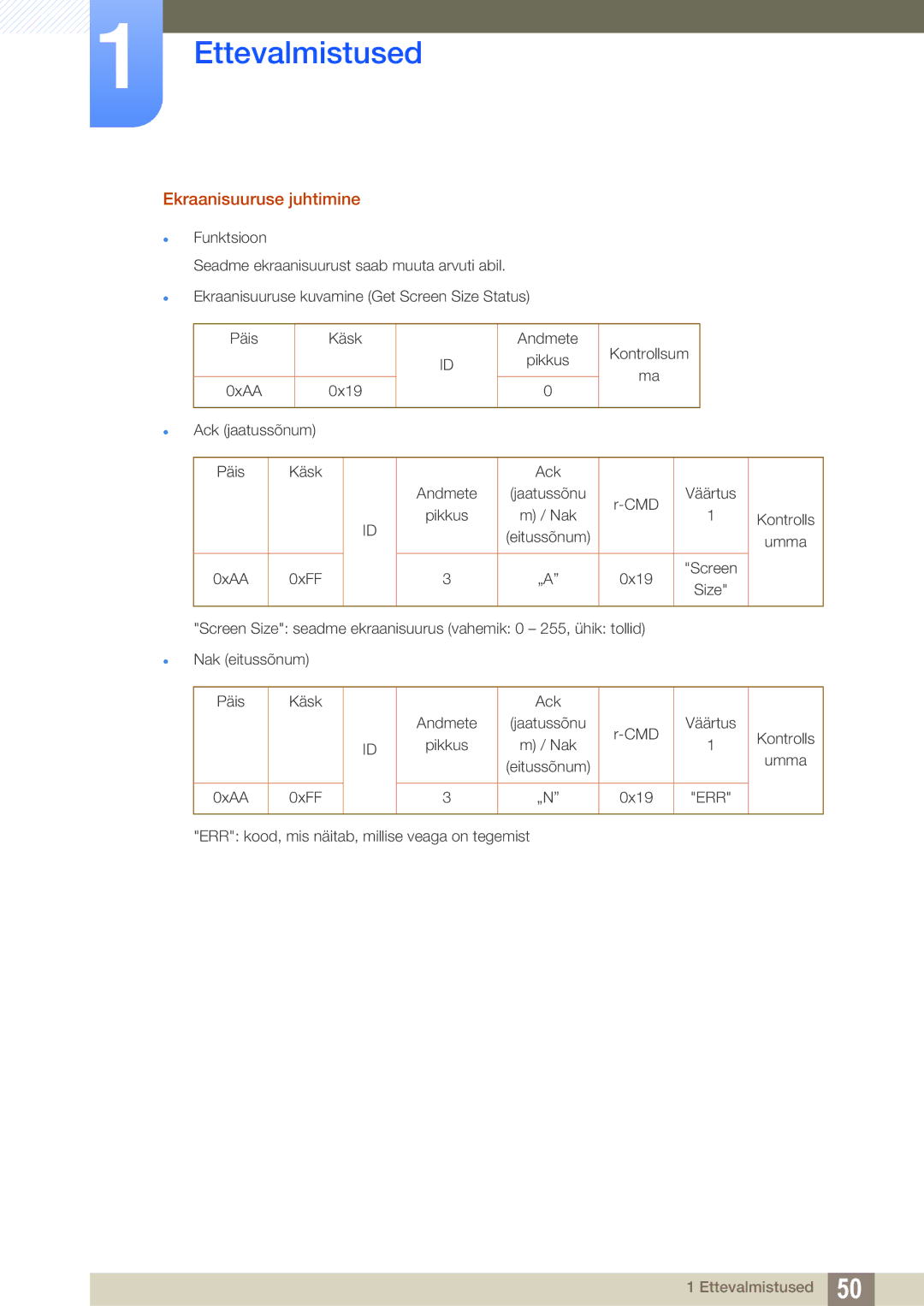 Samsung LH55UEPLGC/EN, LH55UEAPLGC/EN manual Ekraanisuuruse juhtimine, Andmete Pikkus Kontrollsum Ack jaatussõnum Päis 