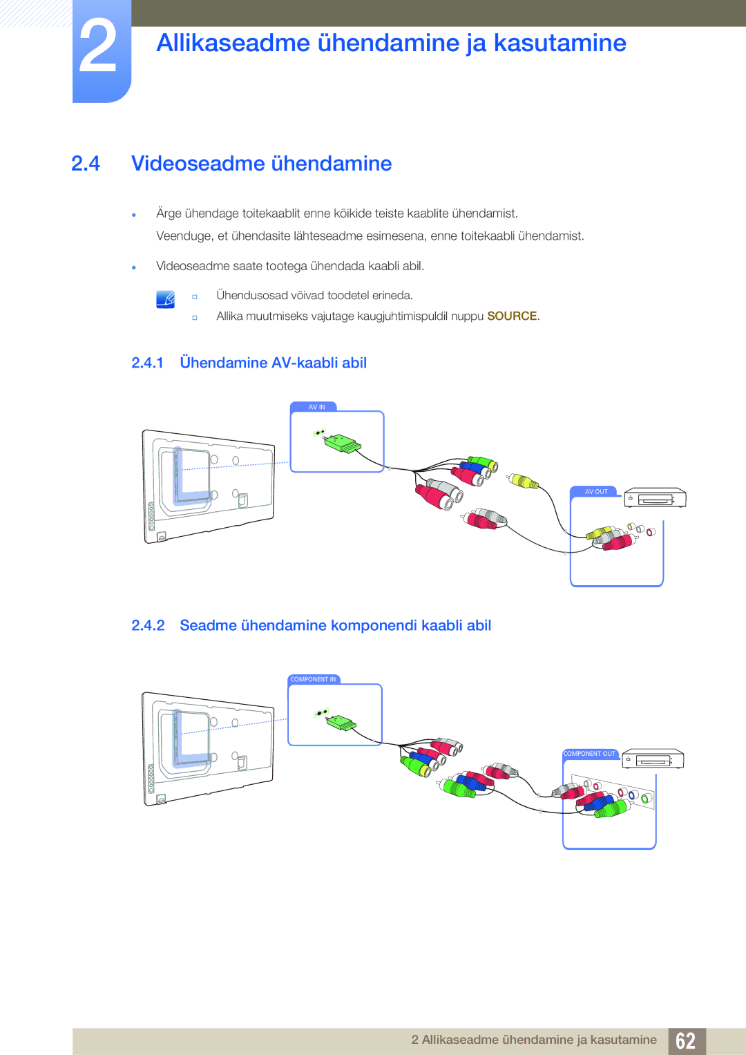 Samsung LH55UEPLGC/EN manual Videoseadme ühendamine, 1 Ühendamine AV-kaabli abil, Seadme ühendamine komponendi kaabli abil 