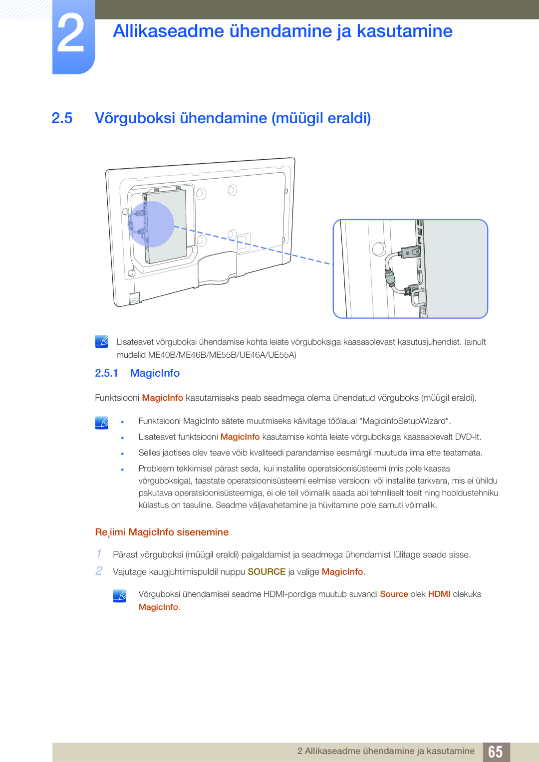 Samsung LH32MEBPLGC/EN, LH55UEAPLGC/EN, LH55UEPLGC/EN Võrguboksi ühendamine müügil eraldi, Re˛iimi MagicInfo sisenemine 