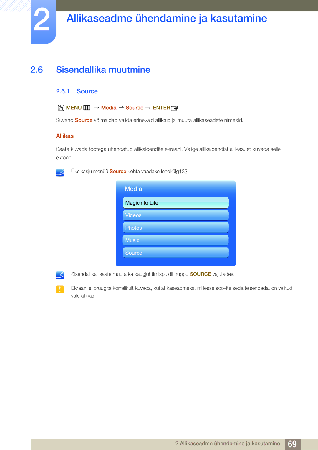 Samsung LH46MEBPLGC/EN, LH55UEAPLGC/EN, LH55MEBPLGC/EN manual Sisendallika muutmine, Allikas, Menu m Media Source Enter 