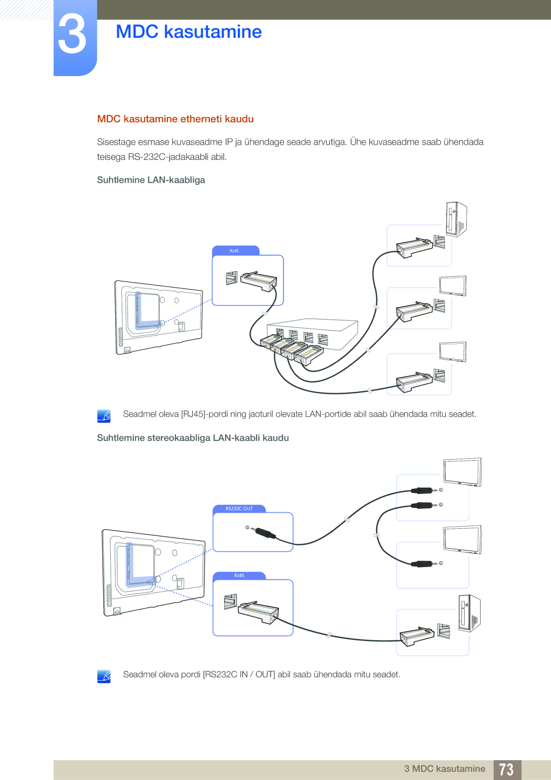 Samsung LH55MEBPLGC/EN MDC kasutamine etherneti kaudu, Suhtlemine LAN-kaabliga, Suhtlemine stereokaabliga LAN-kaabli kaudu 