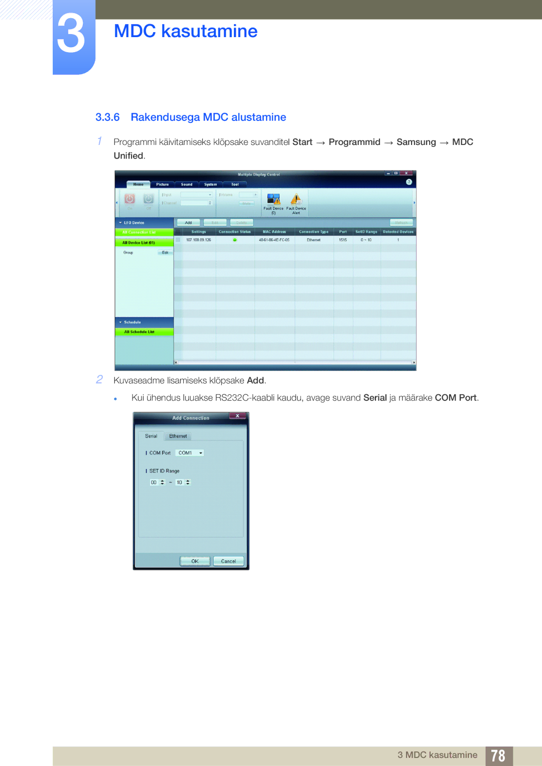 Samsung LH55UEAPLGC/EN, LH55MEBPLGC/EN, LH55UEPLGC/EN, LH46MEBPLGC/EN, LH40MEBPLGC/EN manual Rakendusega MDC alustamine 