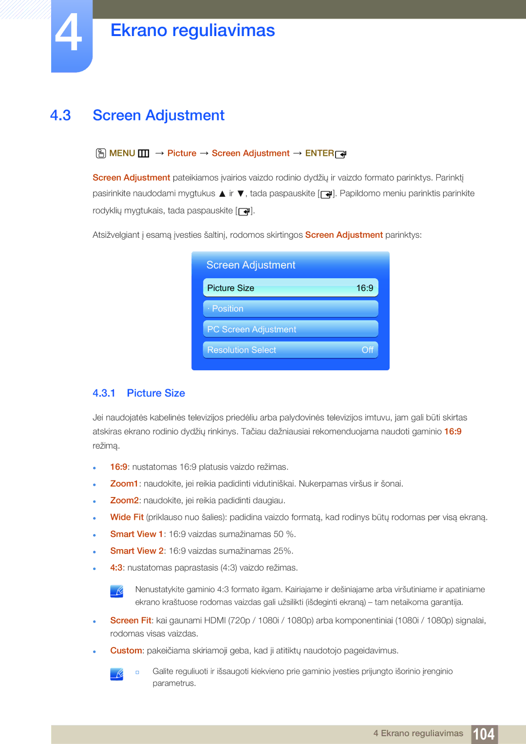 Samsung LH55UEPLGC/EN, LH55UEAPLGC/EN, LH55MEBPLGC/EN manual Picture Size, Menu m Picture Screen Adjustment Enter 